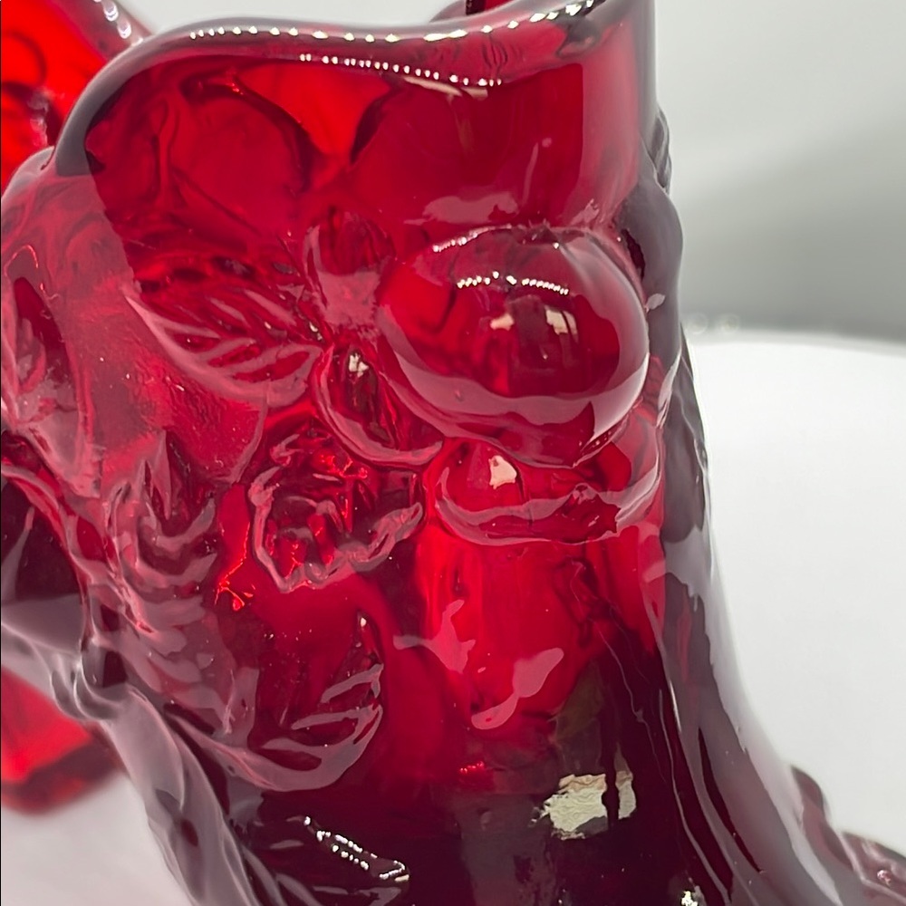Fenton ruby cabbage with rose glass slipper. - Picture 3 of 9